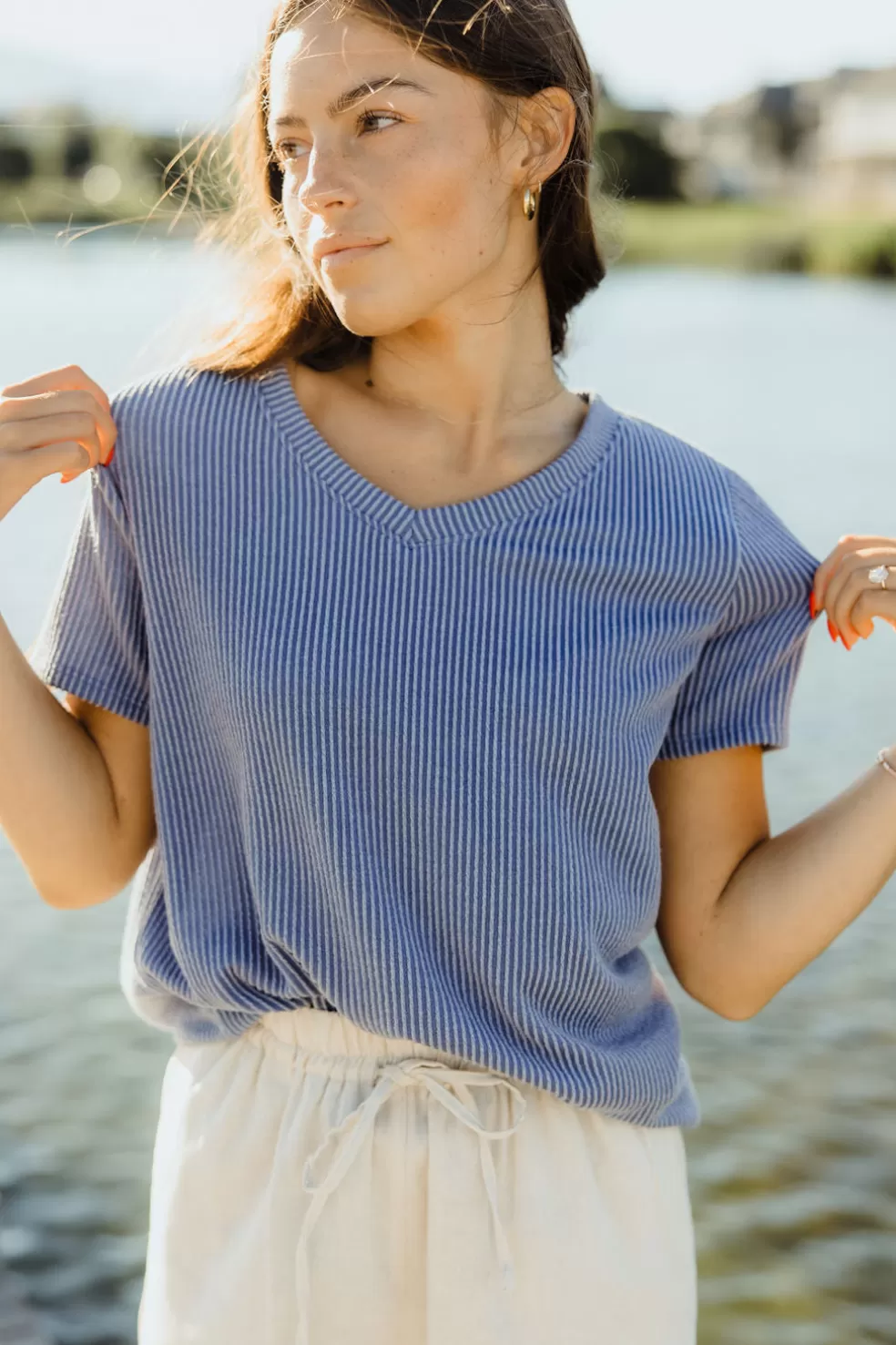 Tees | tres bien Boone V-Neck Top-Indigo