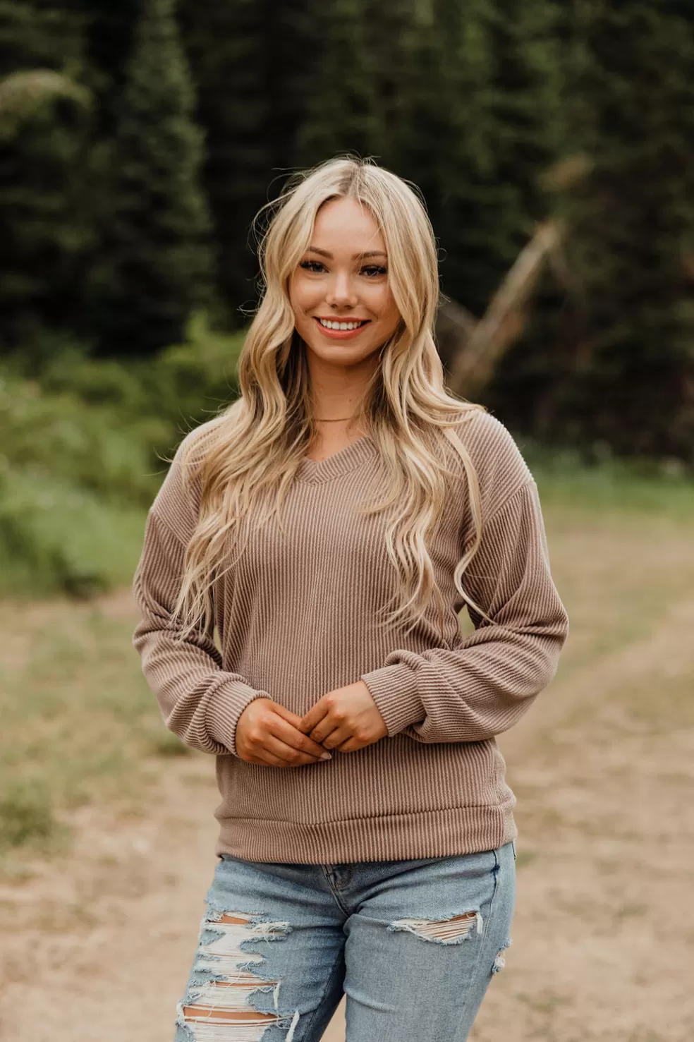 Long Sleeve | tres bien Long Sleeve V-Neck Boone Top-Acorn