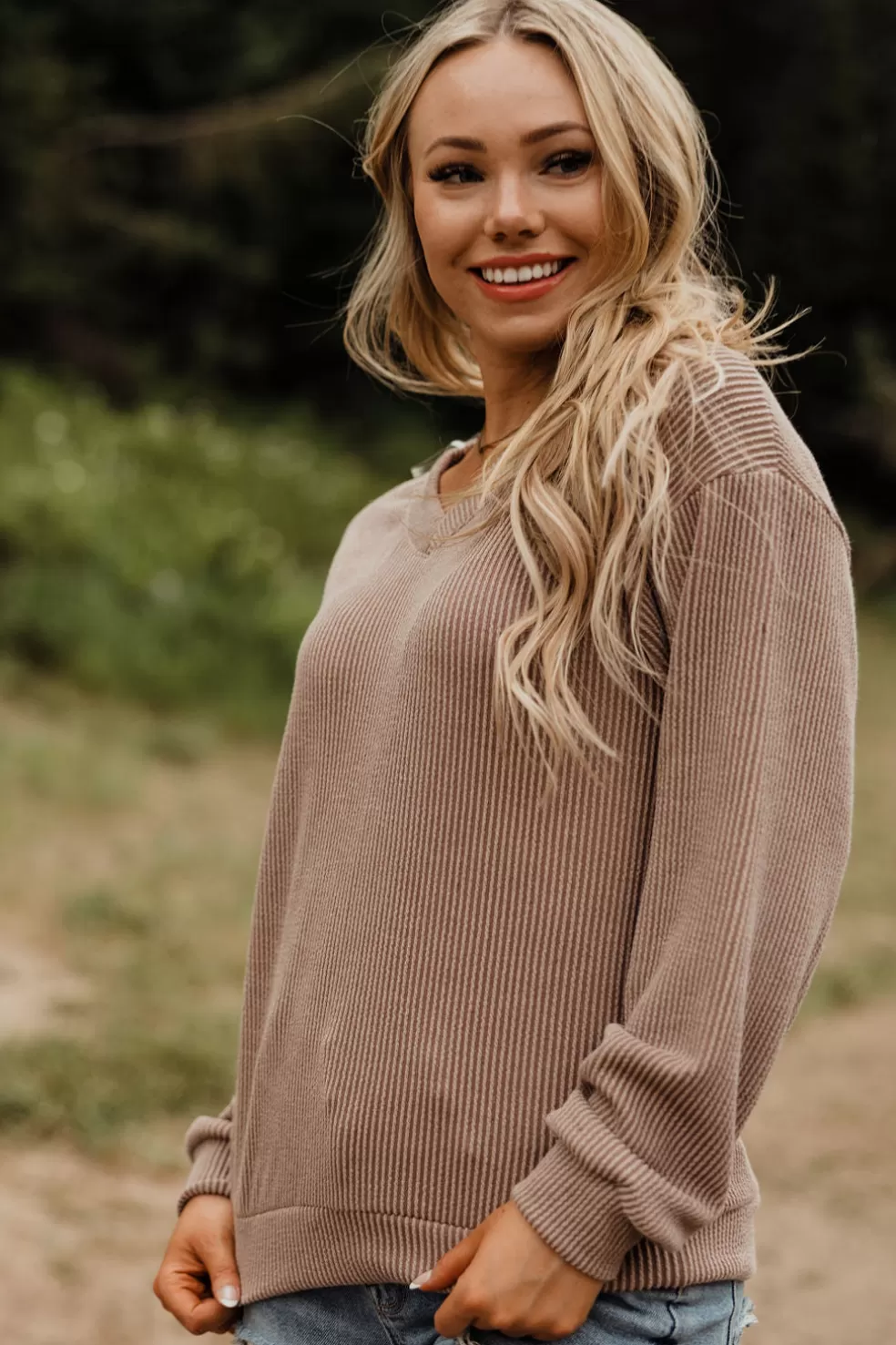 Long Sleeve | tres bien Long Sleeve V-Neck Boone Top-Acorn